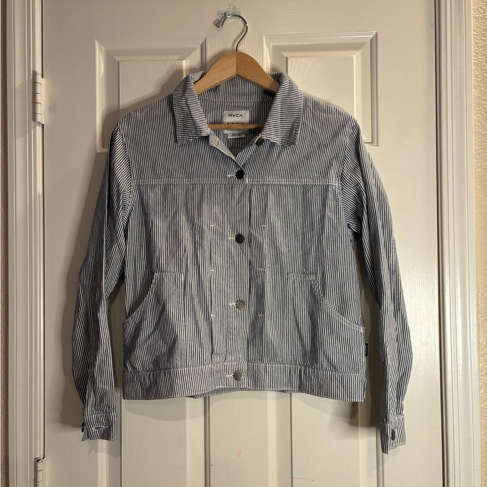RVCA Women's Navy and White Striped Bomber Jacket